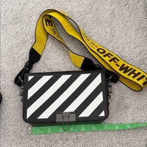 Off-White Diagonal Stripe Messenger Bag with Yellow Strap
